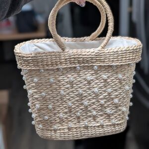 Pearl-Embellished Woven Bag